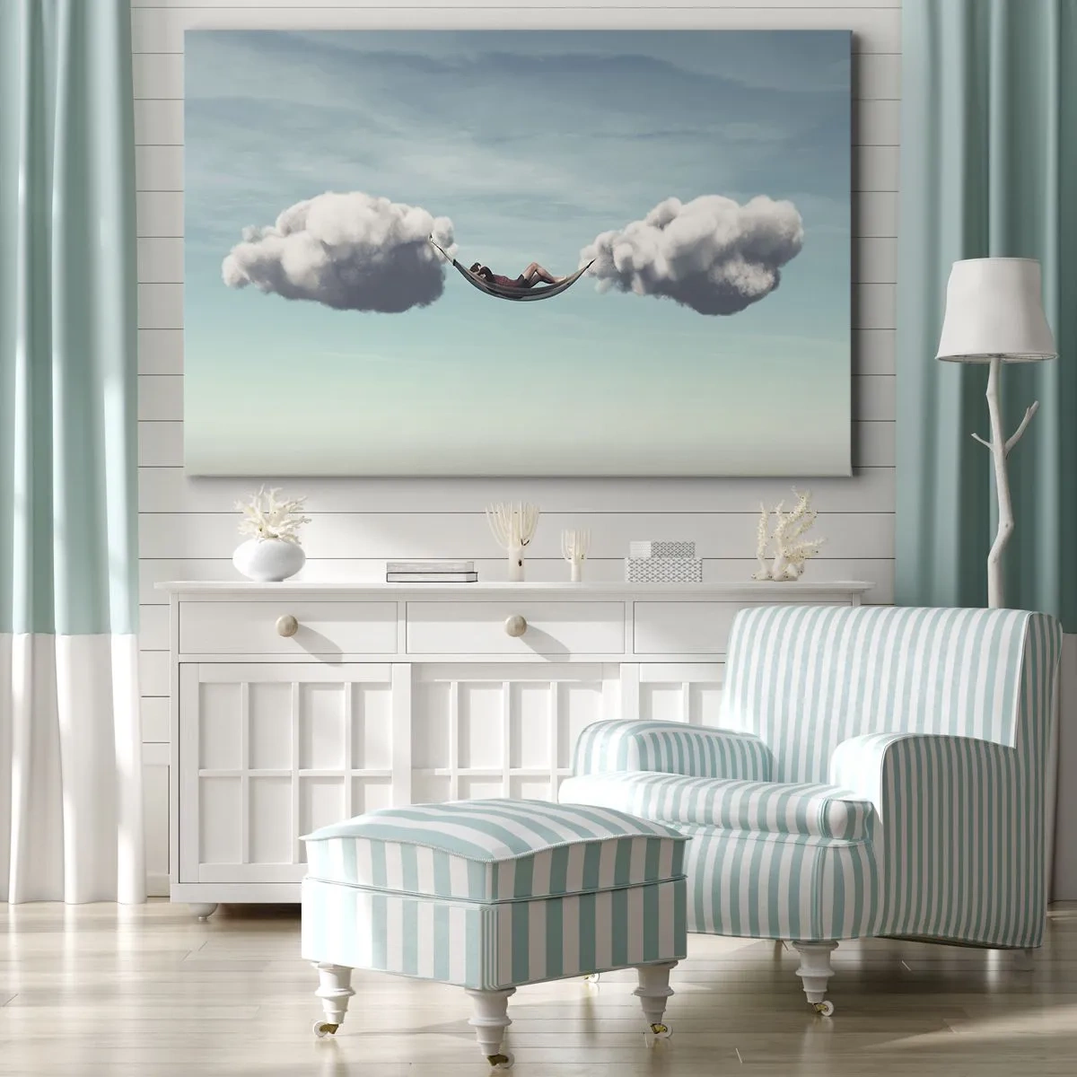 Schilderen op canvas - Een persoon die ontspant in een hangmat die in de wolken hangt - 70x50cm - Het geluk van het moment - Moderne wanddecoratie voor woonkamer en slaapkamer ARTTOR