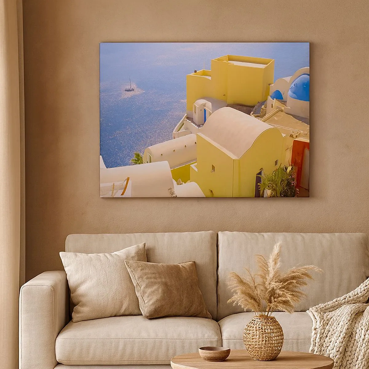 Schilderen op canvas - Griekse architectuur met uitzicht op zee en een boot op de achtergrond - 70x50cm - Grieks landschap in wit en blauw - Moderne wanddecoratie voor woonkamer en slaapkamer ARTTOR