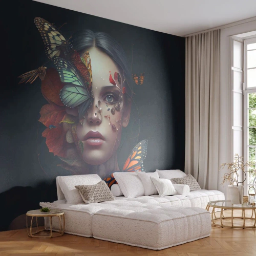 Fotobehang Premium Sand - Een prachtige metamorfose - Vlinders, Gezicht, Vrouw - 100x70 cm