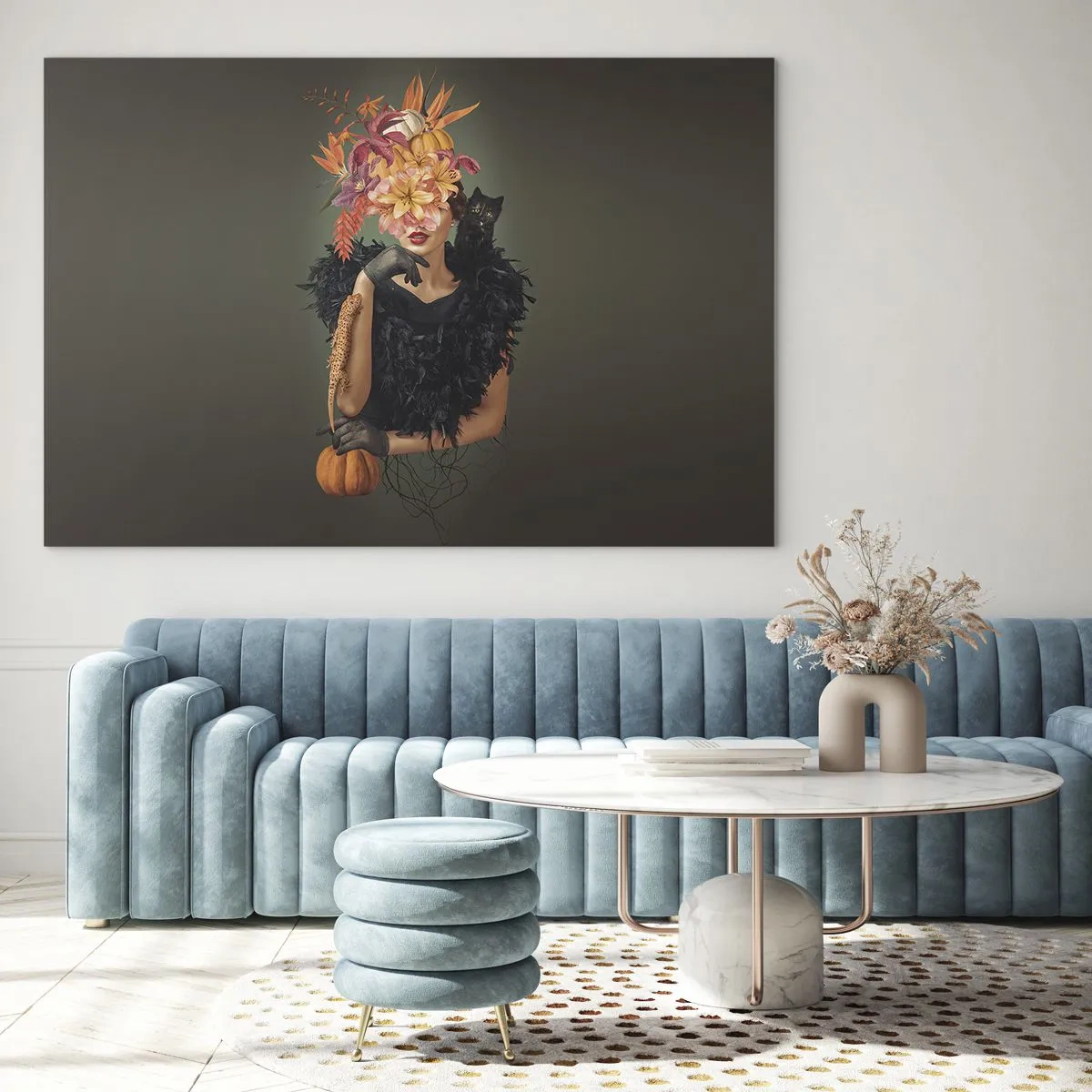 Schilderen op glas - Figuur van een vrouw in het zwart met een pompoen, een kat en een bloemstuk - 70x50cm - De spreuk van een heks - Moderne wanddecoratie voor woonkamer en slaapkamer ARTTOR
