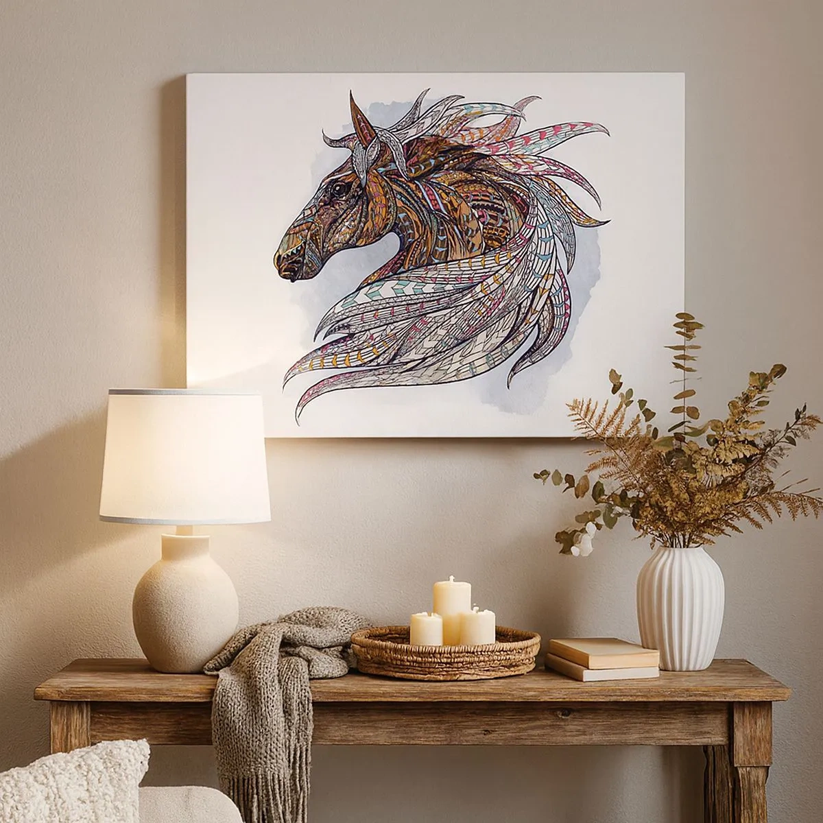 Schilderen op canvas - Een geometrisch paard met een kleurrijke, gedetailleerde manen - 70x50cm - Keltisch strijdersros - Moderne wanddecoratie voor woonkamer en slaapkamer ARTTOR