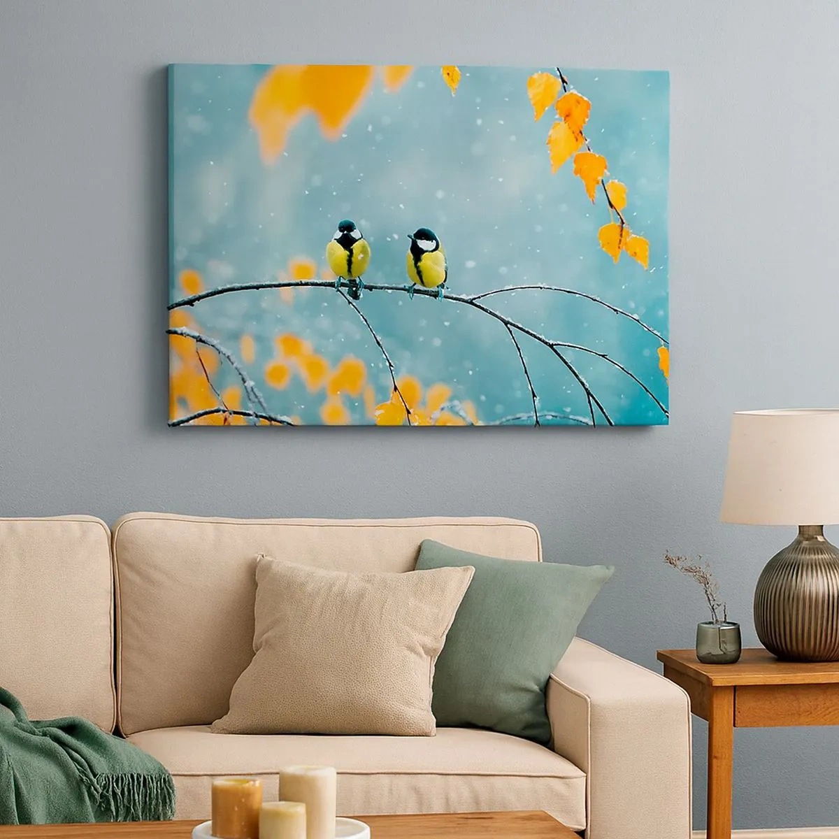 Schilderen op canvas - Twee vogels op een tak in een winterse omgeving met gele bladeren. - 70x50cm - Vogelroddel - Moderne wanddecoratie voor woonkamer en slaapkamer ARTTOR