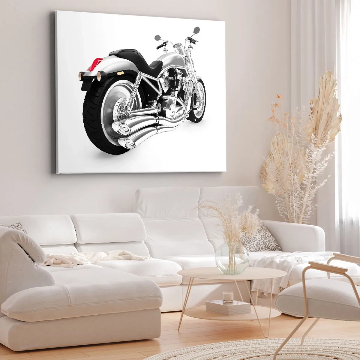 Schilderen op canvas - Chromen motorfiets op witte achtergrond - 70x50cm - De droom van een verzamelaar - Moderne wanddecoratie voor woonkamer en slaapkamer ARTTOR