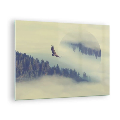 Schilderen op glas - Een adelaar in vlucht over een bos gehuld in mist met een surrealistische weerspiegeling. - 70x50cm - Ik zag de schaduw van een adelaar - Moderne wanddecoratie voor woonkamer en slaapkamer ARTTOR
