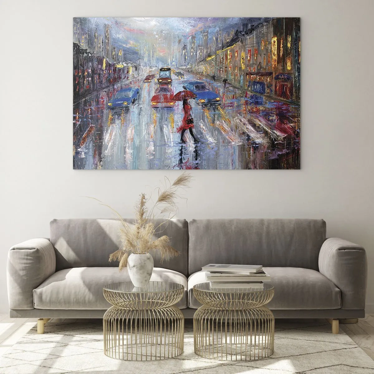 Schilderen op glas - Stadsgezicht 's nachts met regen en kleurrijke lichten - 70x50cm - Regenachtige middag in de stad - Moderne wanddecoratie voor woonkamer en slaapkamer ARTTOR