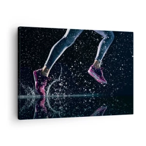 Schilderen op canvas - Een dynamische opname van een hardloopsessie in de regen tegen een zwarte achtergrond - 70x50cm - Hoeveel kracht in de benen - Moderne wanddecoratie voor woonkamer en slaapkamer ARTTOR