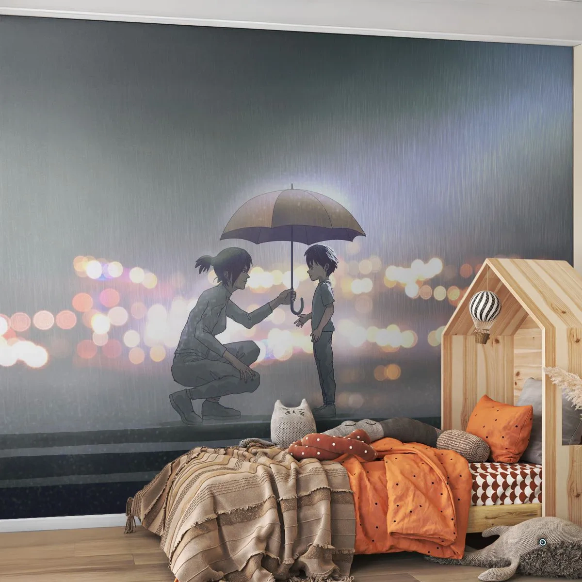 Fotobehang Premium Sand - En het is goed nu - Voor kinderen, Familie, Paraplu - 100x70 cm
