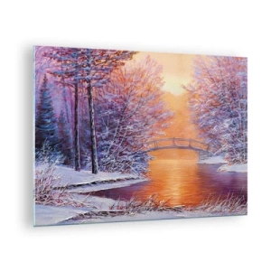 Schilderen op glas - Winterlandschap met een brug en met sneeuw bedekte bomen bij zonsondergang - 70x50cm - Laten we elkaar hier ontmoeten - Moderne wanddecoratie voor woonkamer en slaapkamer ARTTOR