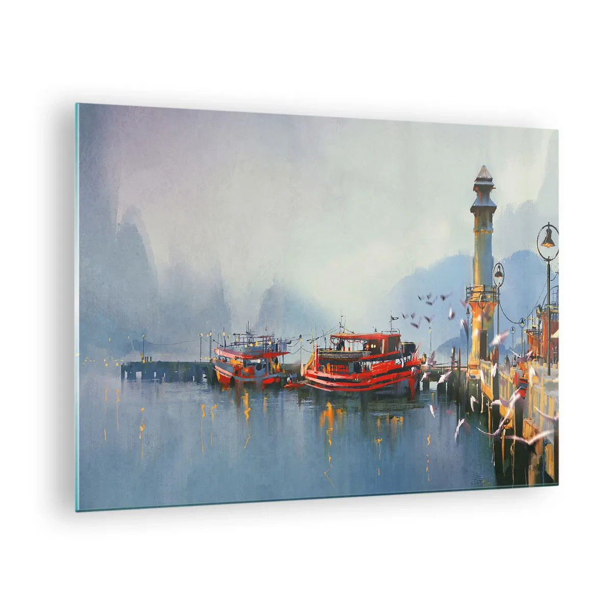 Schilderen op glas - Een haven met rode boten, een vuurtoren en vogels tegen de achtergrond van bergen - 70x50cm - Aan het einde van de wereld - Moderne wanddecoratie voor woonkamer en slaapkamer ARTTOR
