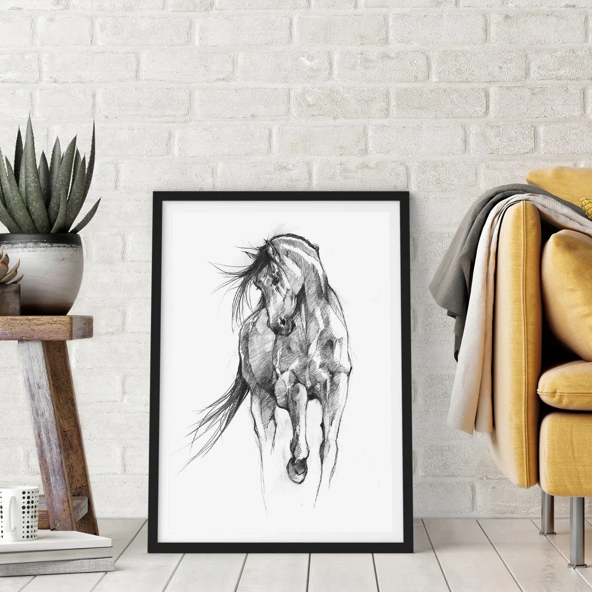 Poster in een zwarte lijst - Schets van een paard in een dynamische houding - 50x70cm - In een sierlijke draf - Moderne wanddecoratie voor woonkamer en slaapkamer ARTTOR