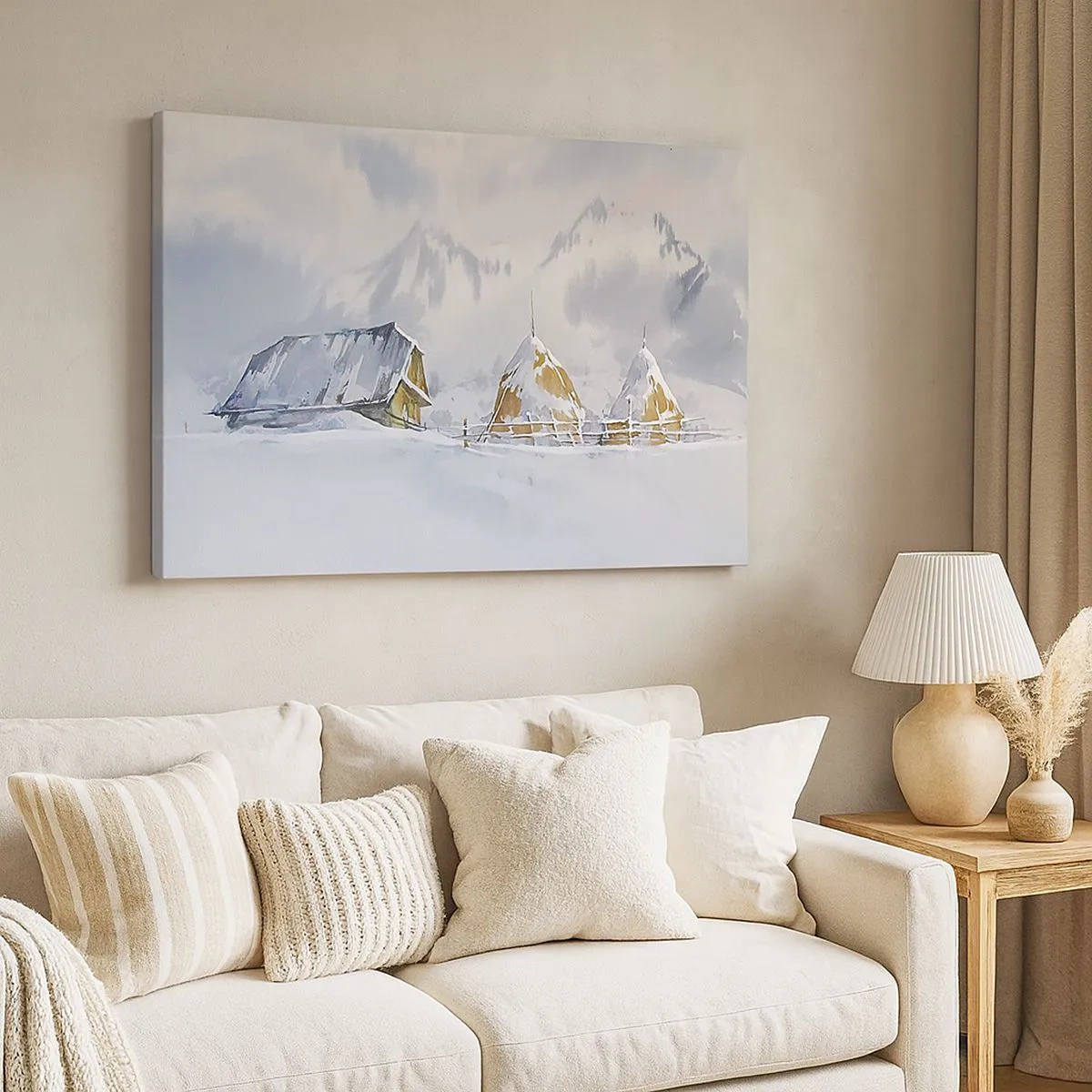 Schilderen op canvas - Winterlandschap met een huisje en hooibergen in de bergen - 70x50cm - In een besneeuwde vallei - Moderne wanddecoratie voor woonkamer en slaapkamer ARTTOR