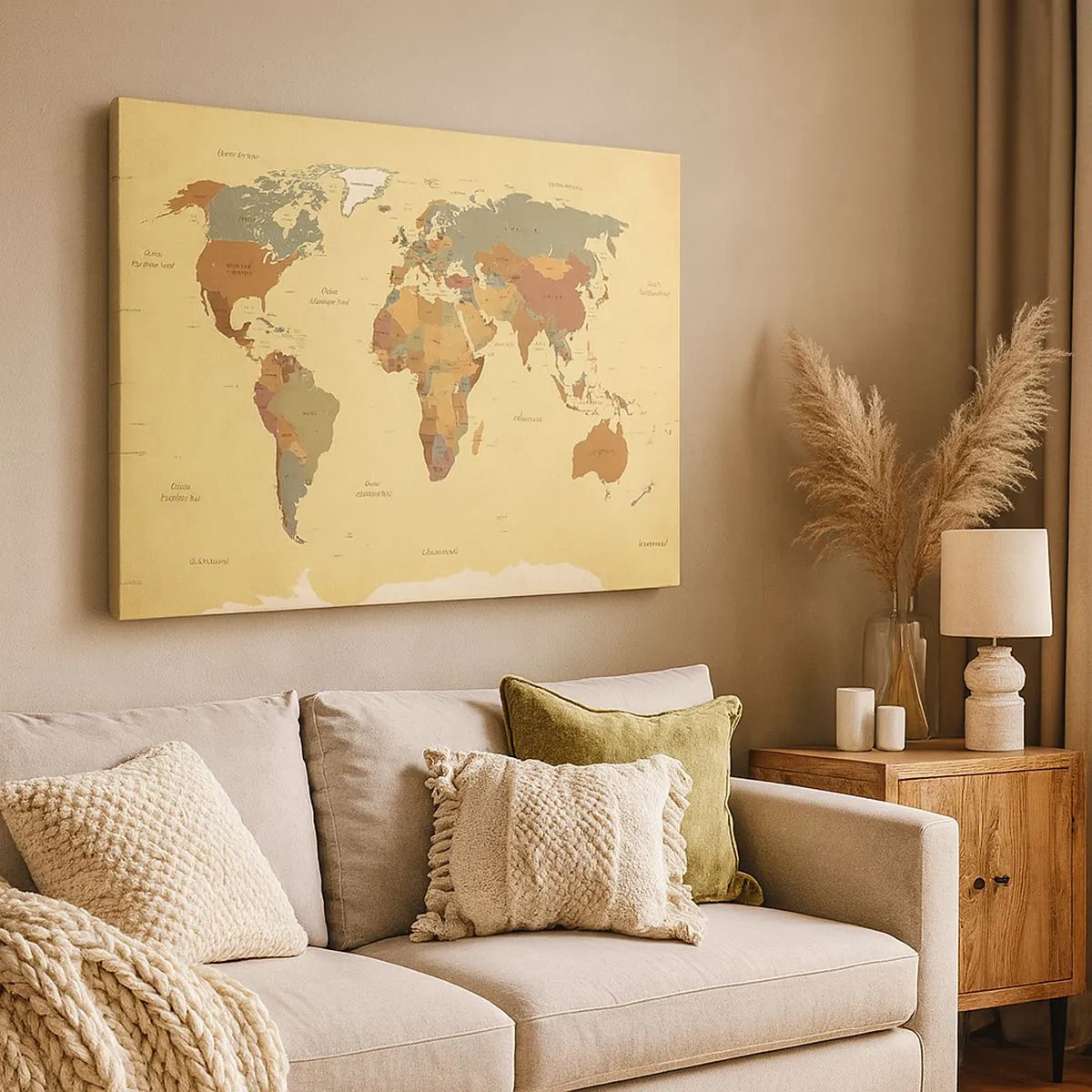 Schilderen op canvas - Een gestileerde wereldkaart in beige- en pasteltinten. - 70x50cm - Voor jou - de hele wereld - Moderne wanddecoratie voor woonkamer en slaapkamer ARTTOR