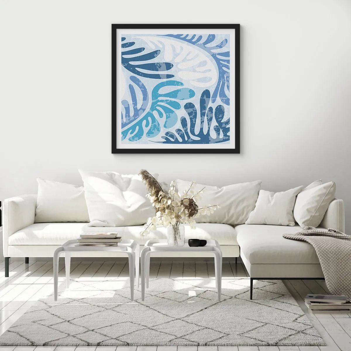 Poster in een zwarte lijst - Blauwe varens - 60x60 cm