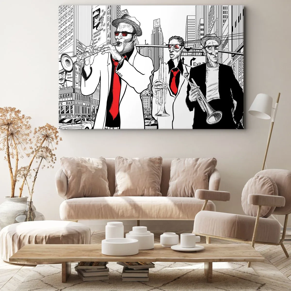 Schilderen op canvas - Illustratie van jazzmuzikanten tegen een stedelijke achtergrond - 70x50cm - Urban rapsodie in zwart en rood - Moderne wanddecoratie voor woonkamer en slaapkamer ARTTOR