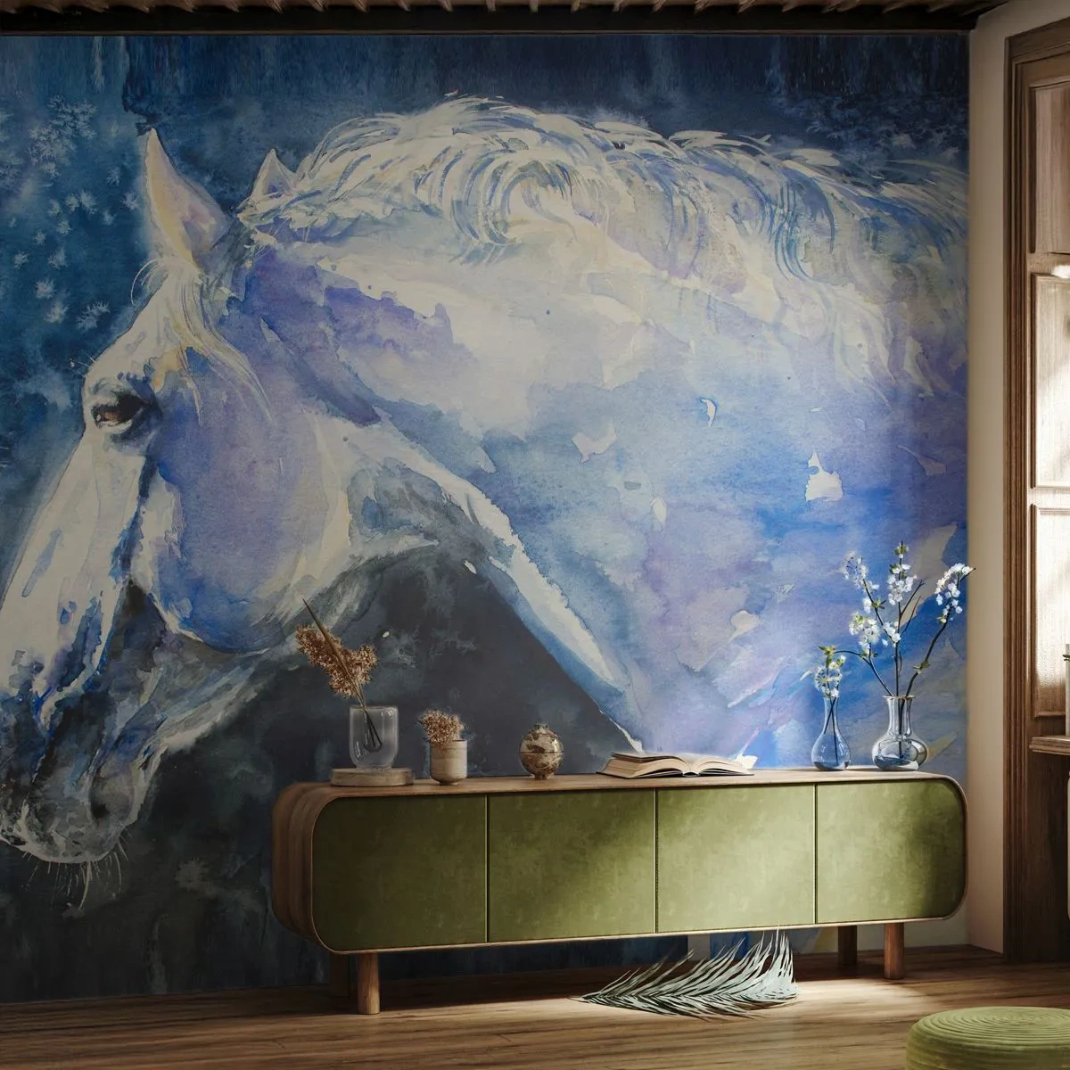 Fotobehang Standard Eco - Portret in een blauwe gloed - Paard, Schilderen, Dieren - 300x210 cm