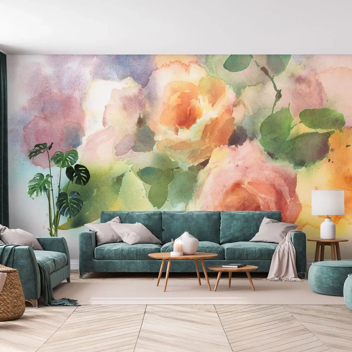 Fotobehang Premium Canvas - Delicaat als aquarel - Bloemen, Rozen, Boeket - 400x280 cm