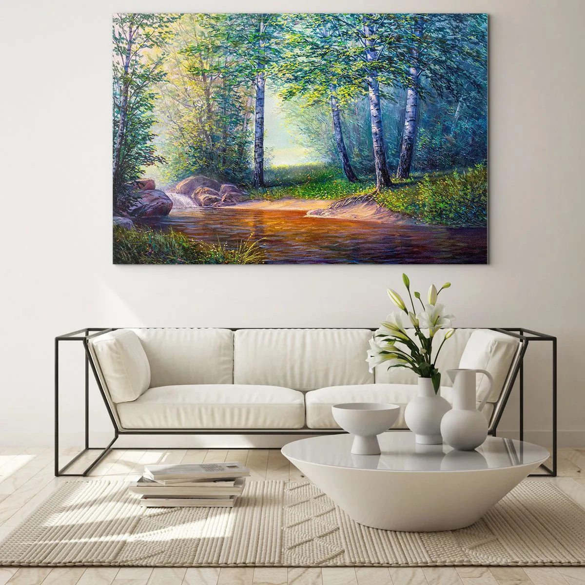 Schilderen op glas - Een bosbeek omgeven door bomen in de zonnestralen - 70x50cm - Idyllisch landschap - Moderne wanddecoratie voor woonkamer en slaapkamer ARTTOR