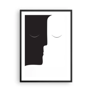 Poster in een zwarte lijst - Een minimalistische afbeelding van twee gezichten in zwart-wit die een eenheid creëren. - 50x70cm - Eenheid van tegenstellingen - Moderne wanddecoratie voor woonkamer en slaapkamer ARTTOR