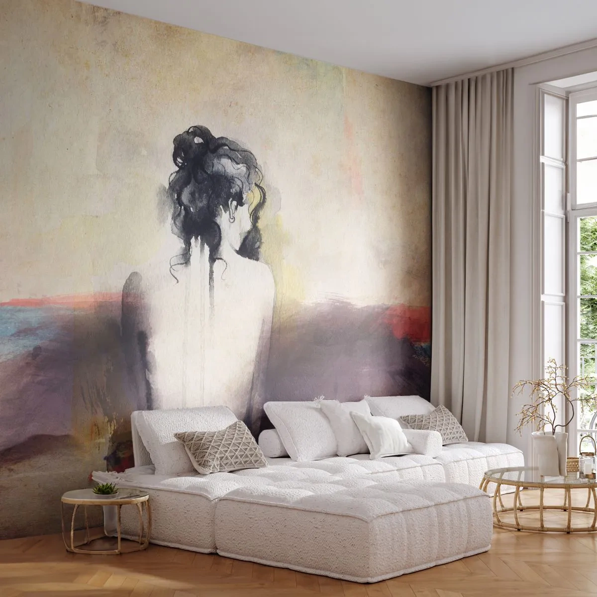 Fotobehang Standard Eco - Een artistiek portret van een vrouw in een nostalgische toon - 100x70cm - Vloeiende lijnen, ovale vormen - Moderne wanddecoratie voor woonkamer en slaapkamer ARTTOR