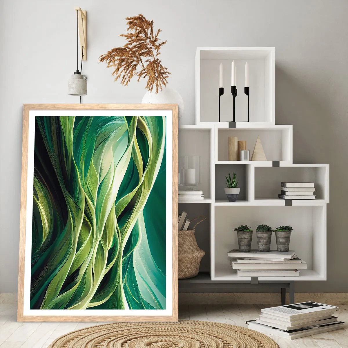 Een poster in een licht eiken lijst - Abstract groen spel - 70x100 cm