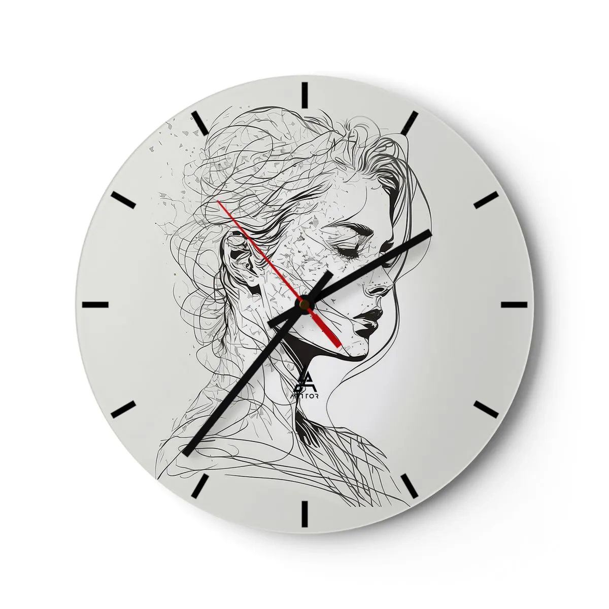 Wandklok - Klok - Zwart-wit schets van een vrouwengezicht in gedachten - 30x30cm - Portret in gedachten - Moderne wanddecoratie voor woonkamer, keuken en slaapkamer ARTTOR