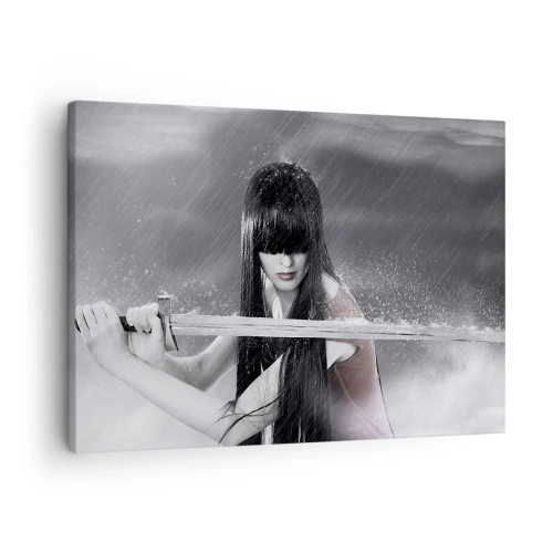 Schilderen op canvas - Een vrouw met een zwaard in de regen met een dynamische en mysterieuze uitstraling - 70x50cm - Mooi en gevaarlijk - Moderne wanddecoratie voor woonkamer en slaapkamer ARTTOR