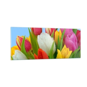Schilderen op glas - Een bloemenregenboog in dauwdruppels - 100x40 cm