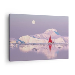 Schilderen op canvas - Een rood zeil tegen de achtergrond van ijzige bergen en een volle maan. - 70x50cm - De hitte van het zeil, de kilte van het ijs - Moderne wanddecoratie voor woonkamer en slaapkamer ARTTOR