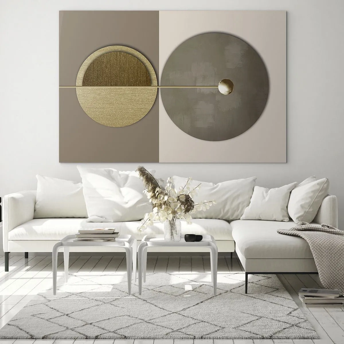 Schilderen op glas - Gouden cirkels en lijnen in een harmonieuze compositie - 70x50cm - Perfecte balans - Moderne wanddecoratie voor woonkamer en slaapkamer ARTTOR
