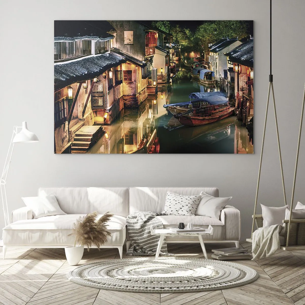 Schilderen op glas - Chinese straat 's nachts met boten en lichtjes langs het kanaal - 70x50cm - Een avond op een Chinese straat - Moderne wanddecoratie voor woonkamer en slaapkamer ARTTOR