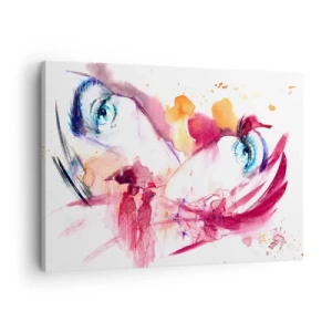 Schilderen op canvas - Een abstract gezicht met expressieve ogen en rode accenten. - 70x50cm - De wereld gedijt in nabijheid - Moderne wanddecoratie voor woonkamer en slaapkamer ARTTOR