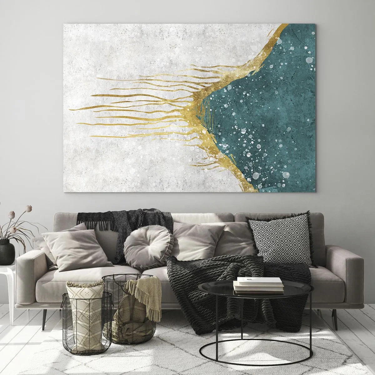 Schilderen op glas - Abstract goudpatroon op een turquoise en witte achtergrond - 70x50cm - Gouden vloed - Moderne wanddecoratie voor woonkamer en slaapkamer ARTTOR