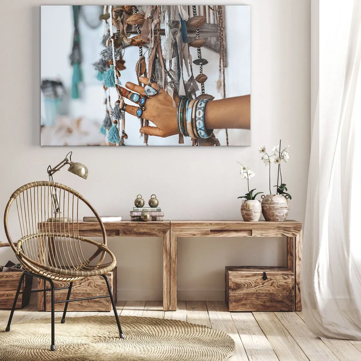 Schilderen op canvas - Een hand versierd met boho-sieraden met versieringen op de achtergrond - 70x50cm - Lokale schatten - Moderne wanddecoratie voor woonkamer en slaapkamer ARTTOR