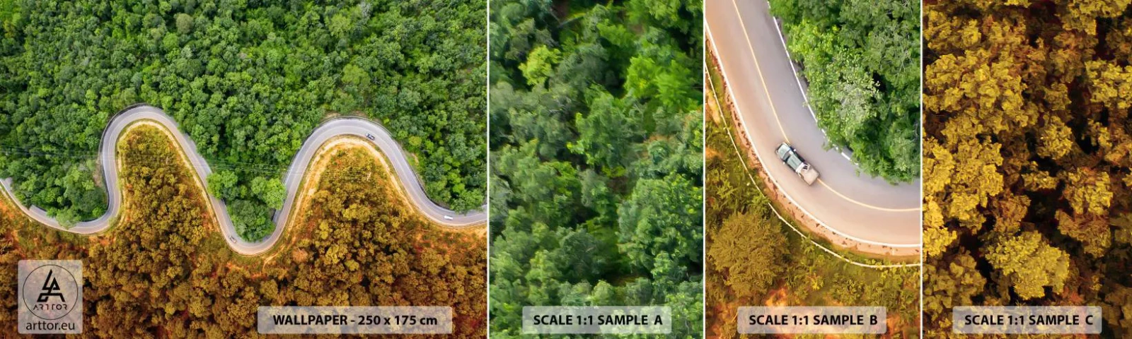 Fotobehang Monster Zelfklevend Deluxe Sticker - Grenzen en doorbraken - Landschap, Autoweg, Woud - 100x30 cm