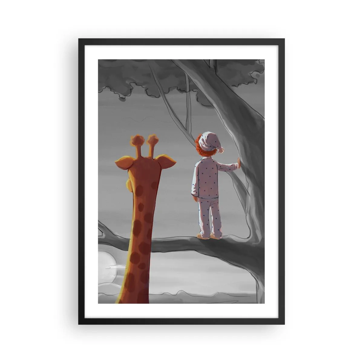 Poster in een zwarte lijst - Een jongen in pyjama en een giraf in een boom in een grijs en oranje landschap. - 50x70cm - Dit gebeurt echt - Moderne wanddecoratie voor woonkamer en slaapkamer ARTTOR