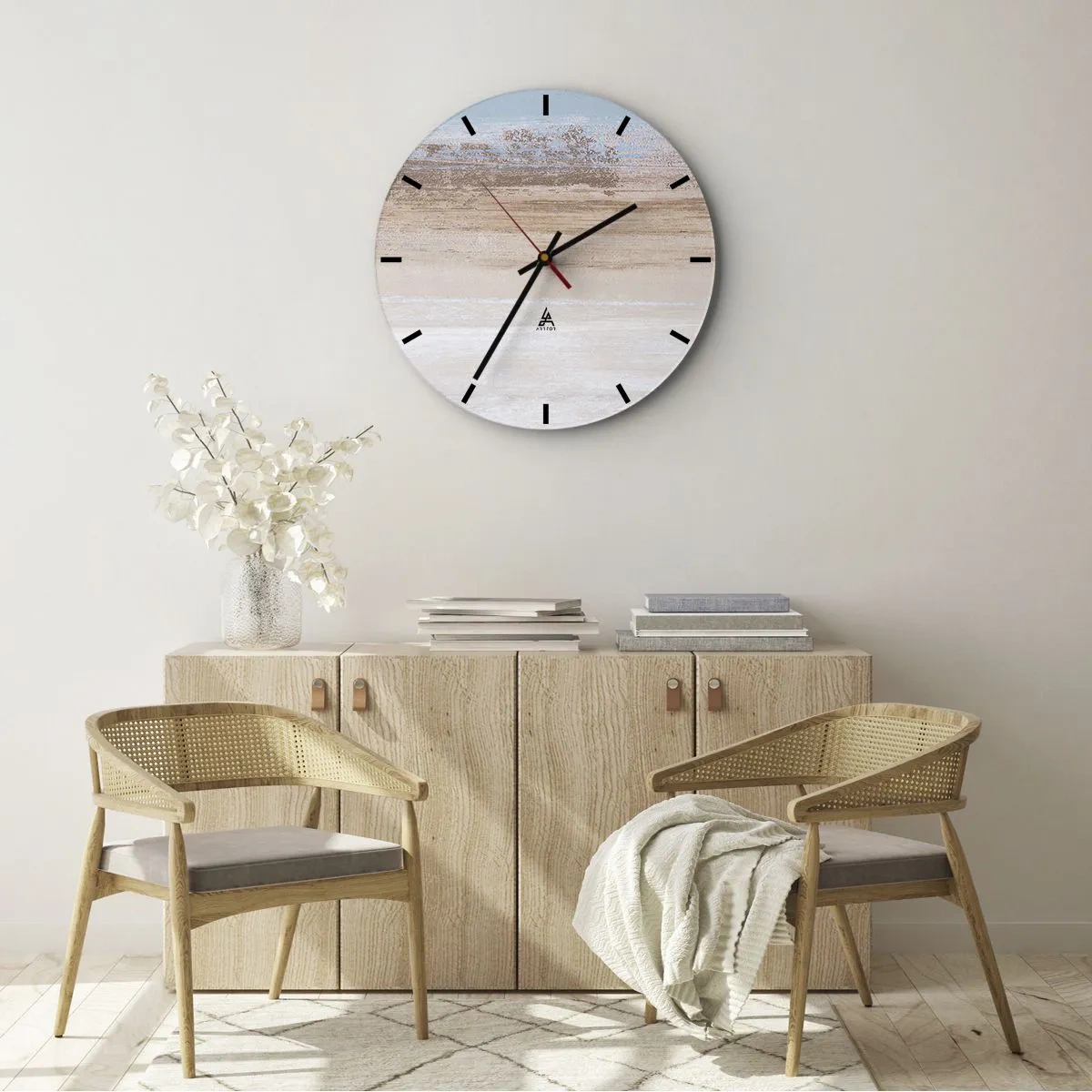 Wandklok - Klok - Pastelkleurig landschap met horizontale strepen in blauw en beige. - 30x30cm - Dubbelzinnig landschap - Moderne wanddecoratie voor woonkamer, keuken en slaapkamer ARTTOR