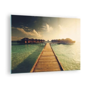 Schilderen op glas - De pier die naar de huisjes aan het water leidt bij zonsondergang - 70x50cm - Een warme uitnodiging - Moderne wanddecoratie voor woonkamer en slaapkamer ARTTOR