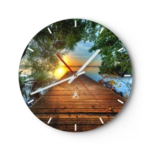 Wandklok - Klok - Een houten steiger die naar het meer leidt bij zonsondergang - 30x30cm - Neem de tijd, ga zitten - Moderne wanddecoratie voor woonkamer, keuken en slaapkamer ARTTOR