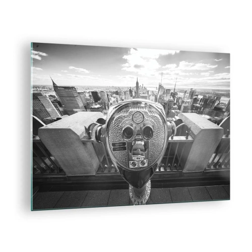 Schilderen op glas - Zwart-witbeeld van New York met een observatietelescoop - 70x50cm - Stad boven de steden - Moderne wanddecoratie voor woonkamer en slaapkamer ARTTOR