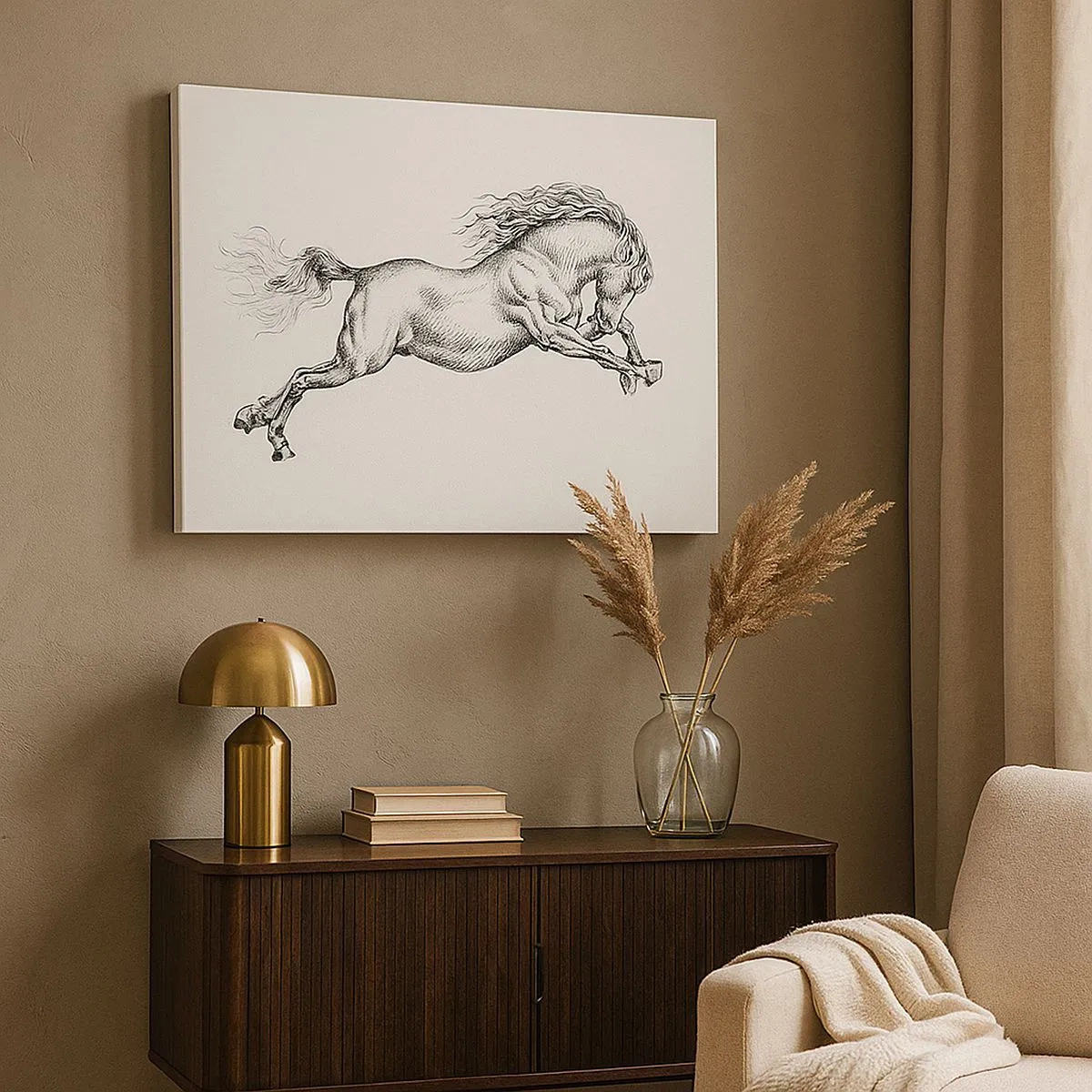 Schilderen op canvas - Schets van een paard in dynamische galop op een witte achtergrond - 70x50cm - Vastgehouden in galop - Moderne wanddecoratie voor woonkamer en slaapkamer ARTTOR