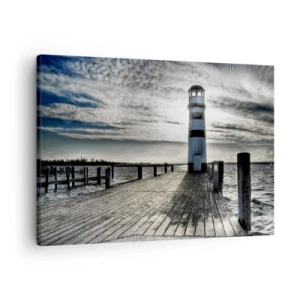 Schilderen op canvas - Vuurtoren op een houten pier met uitzicht op zee. - 70x50cm - Zeelieden, ik wacht op jullie - Moderne wanddecoratie voor woonkamer en slaapkamer ARTTOR