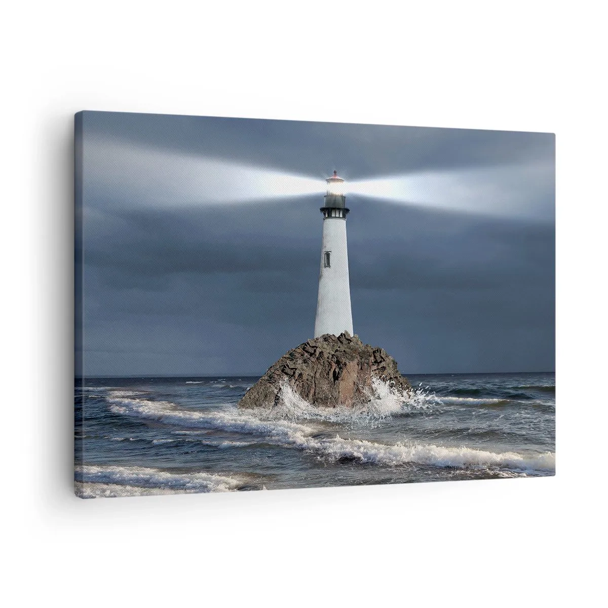Schilderen op canvas - Een vuurtoren op een rots omgeven door een stormachtige zee - 70x50cm - Hier... hier... hier! - Moderne wanddecoratie voor woonkamer en slaapkamer ARTTOR