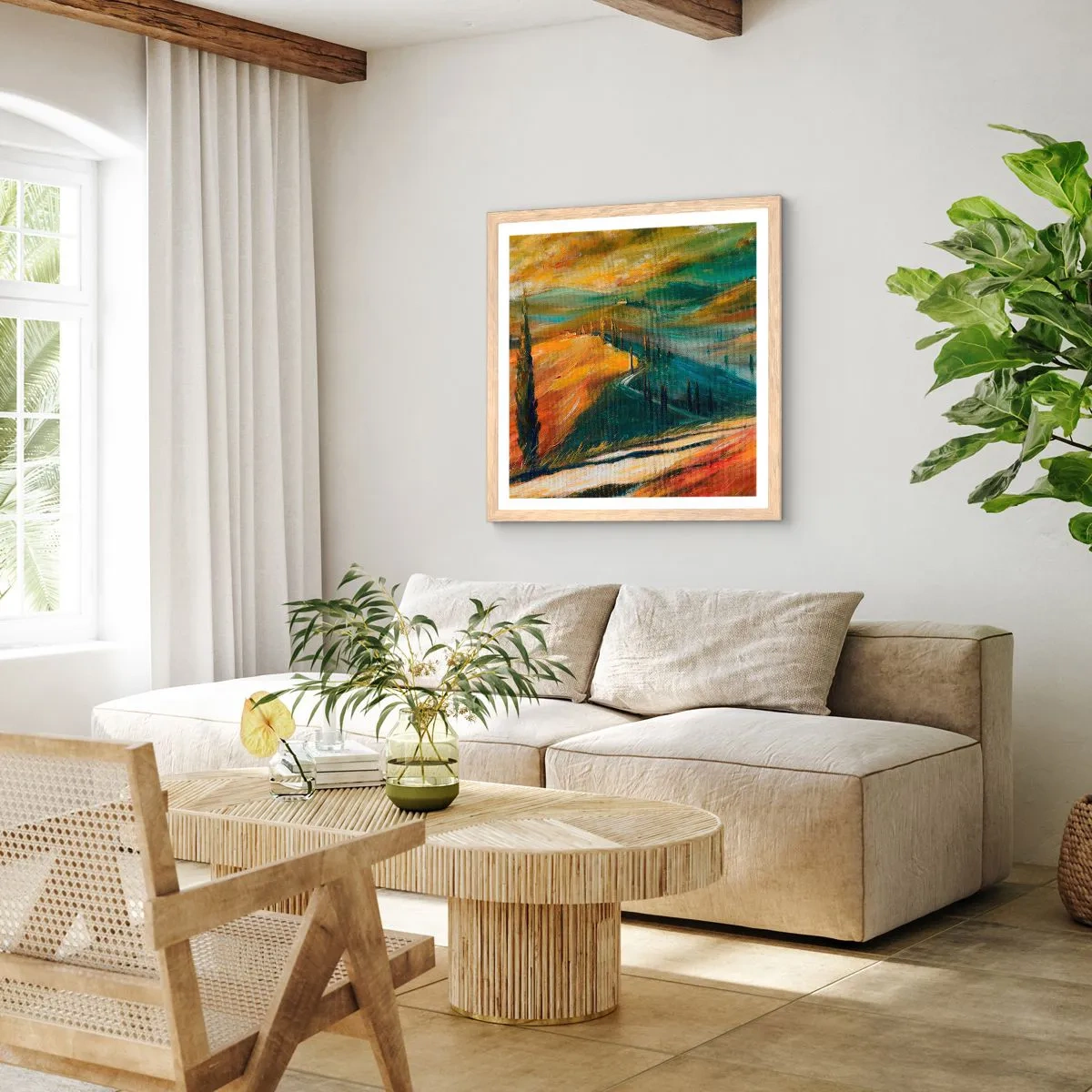 Een poster in een licht eiken lijst - Toscaans landschap - 50x50 cm