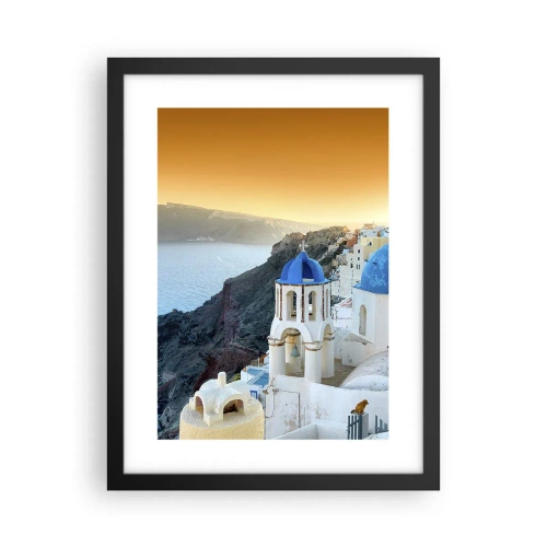 Poster in een zwarte lijst - Santorini - genesteld tegen de rotsen - 30x40 cm