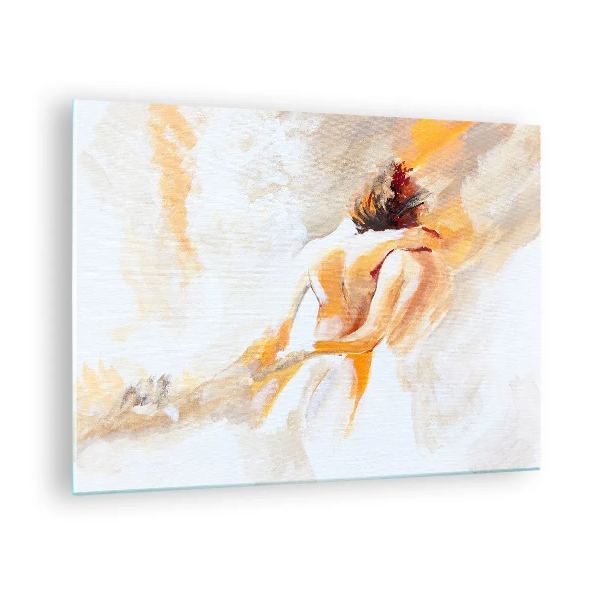 Schilderen op glas - Een delicate naakt in warme pastelkleuren - 70x50cm - In de lucht van nabijheid - Moderne wanddecoratie voor woonkamer en slaapkamer ARTTOR