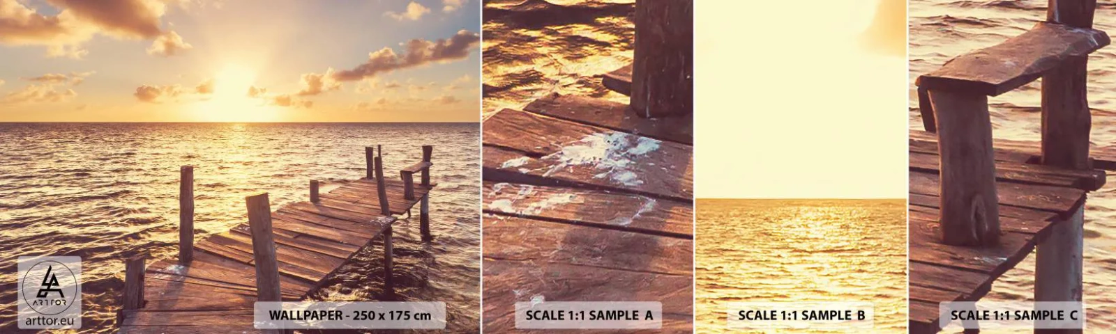 Fotobehang Monster Zelfklevend Deluxe Sticker - Het gouden land van zachtheid - Landschap, Zee, Houten brug - 100x30 cm