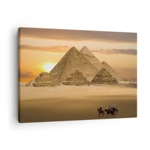 Schilderen op canvas - Piramides in Egypte bij zonsondergang met ruiters op paarden - 70x50cm - Geen verandering gedurende duizenden jaren - Moderne wanddecoratie voor woonkamer en slaapkamer ARTTOR