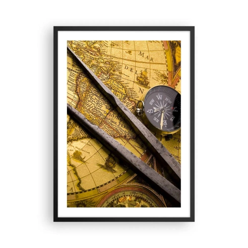 Poster in een zwarte lijst - Oude kaart met kompas en navigatiehulpmiddelen - 50x70cm - Waar zijn deze schatten? - Moderne wanddecoratie voor woonkamer en slaapkamer ARTTOR