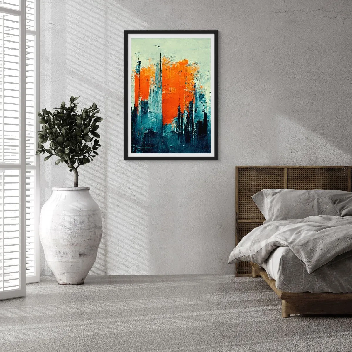 Poster in een zwarte lijst - Abstract stadsgezicht in tinten oranje en marineblauw - 50x70cm - Modern landschap - Moderne wanddecoratie voor woonkamer en slaapkamer ARTTOR