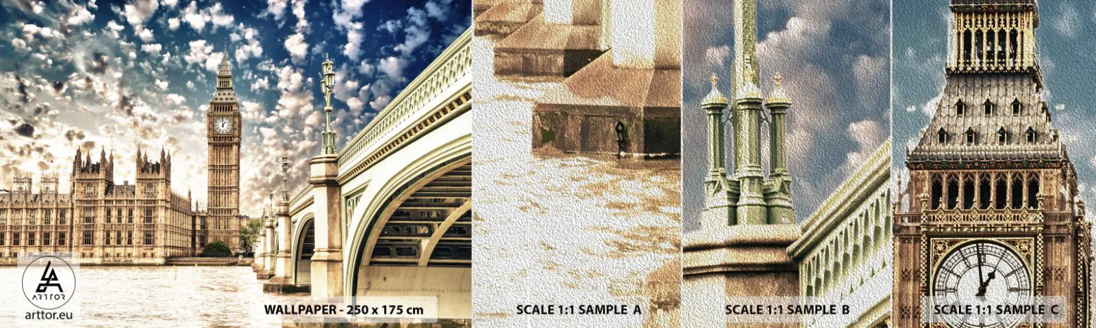 Fotobehang Monster Premium Sand - Luchtige wolken boven de Theems - Stad, Londen, Engeland - 100x30 cm